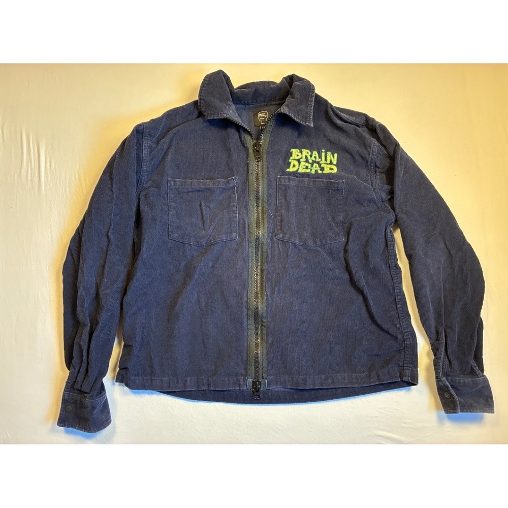 Brain Dead Men's Corduroy Button-Up Jacket M Navy Embroidered Logo Mushroom